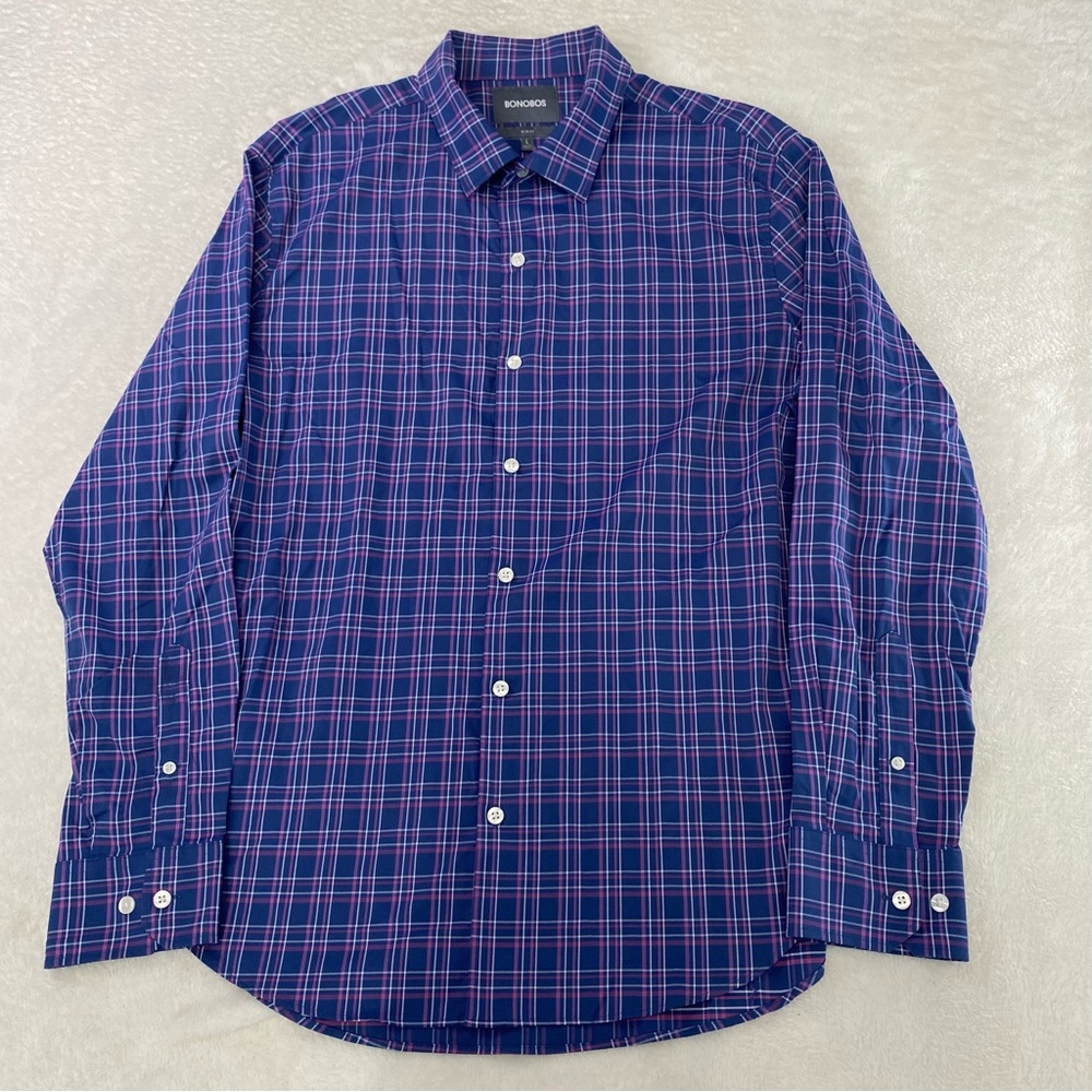 Bonobos Mens Slim Fit Shirts L Blue Purple Plaid Button Up Flannel